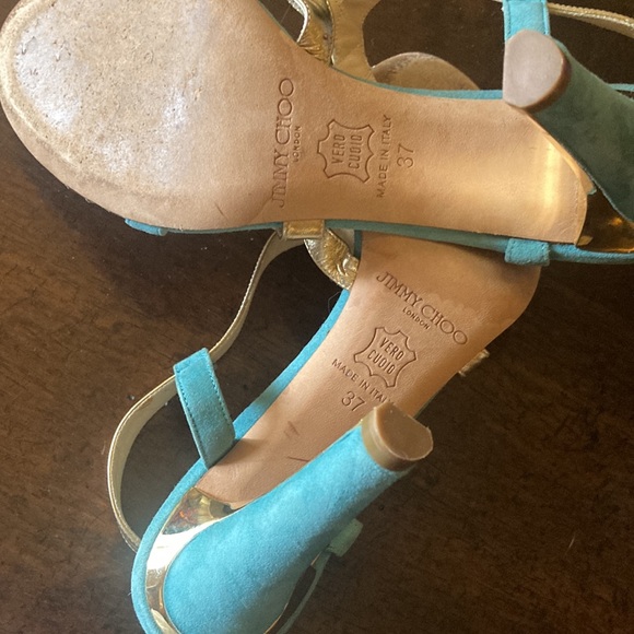 Jimmy Choo. 4” Teal-Gold. Metallic. Adjustable strap. Comfortable. Size 37 - Picture 10 of 10